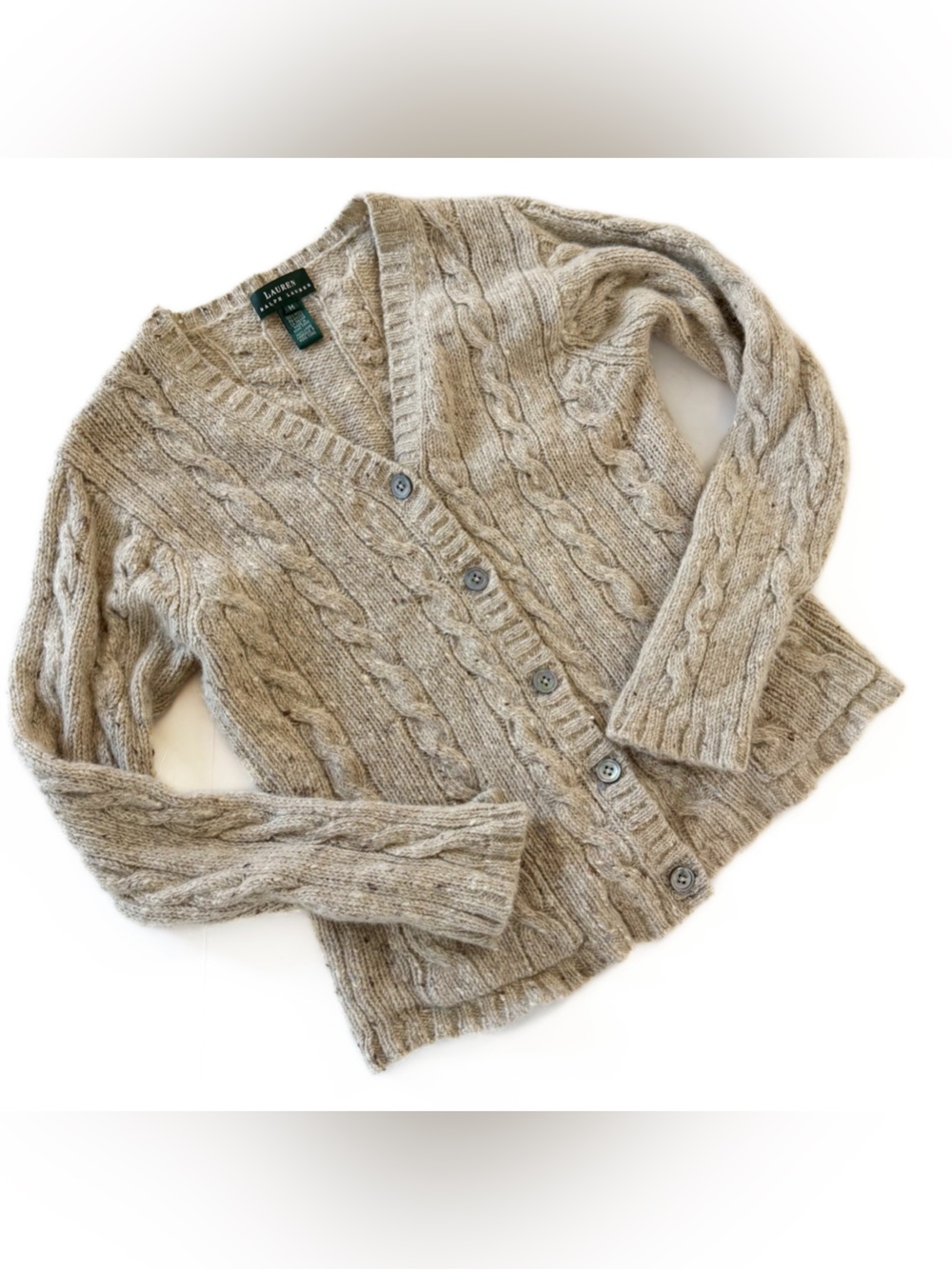 Lauren Ralph Lauren Cardigan Sweater Womens Medium Cableknit Beige Wool Chunky